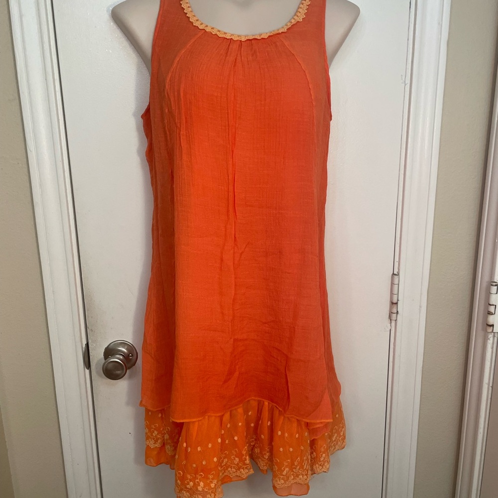 Bright Orange Sleeveless Mini Dress with Layered Hem